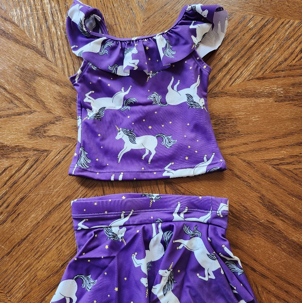 Hanna Andersson Purple Unicorn Toddler Girl Two Piece Bathing Suit 18-24 Months